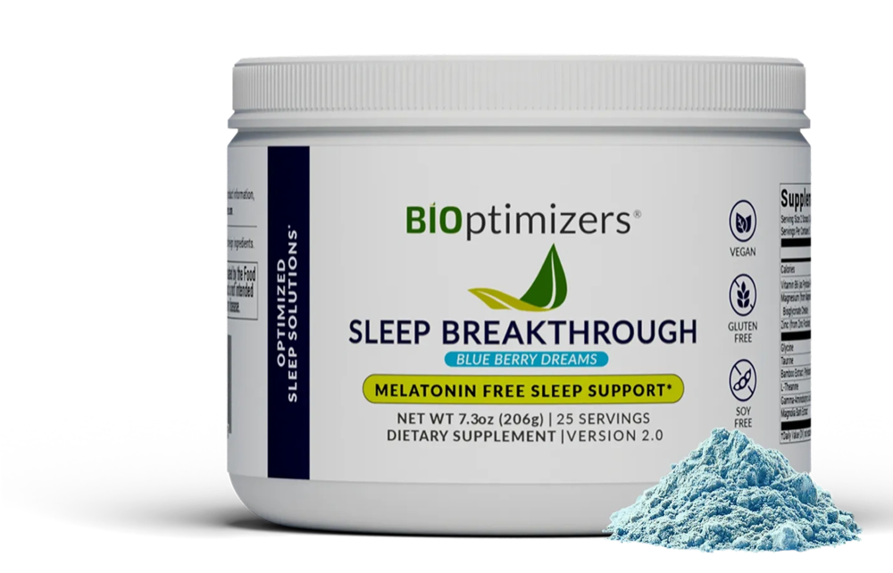 BiOptimizers Sleep Breakthrough Blue Berry Dreams drink powder, 206 g jar, 25 servings, version 2.0